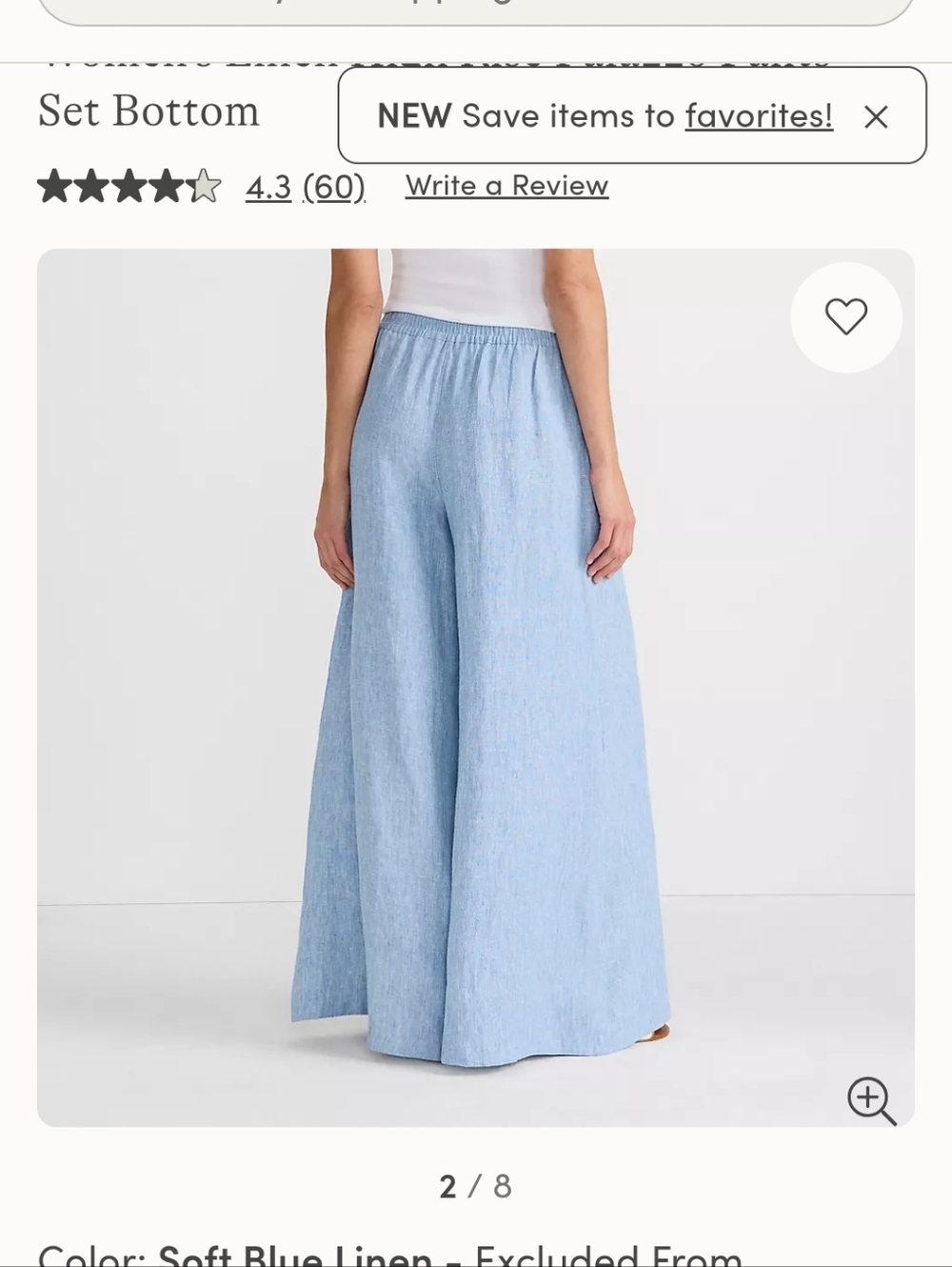 Land's End Size 1X Soft Blue Wide-Leg Linen Pants - Picture 3 of 3